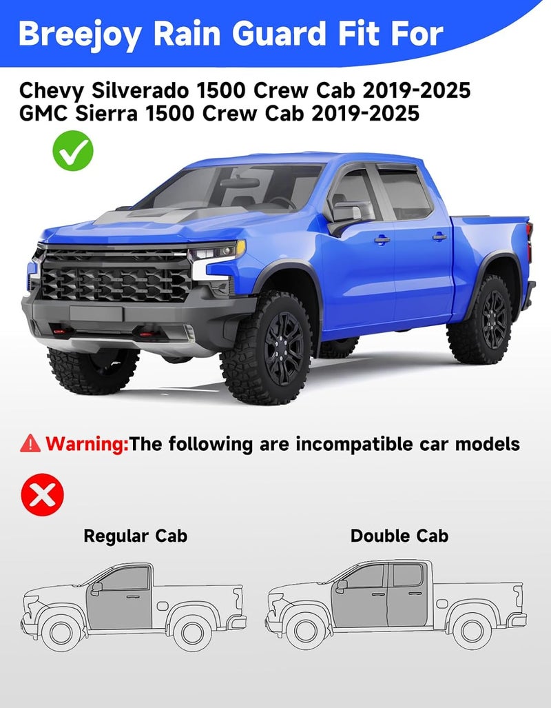 Breejoy in-Channel Extra Durable Rain Guards Fit for Chevy Silverado/GMC Sierra 1500 2019-2026 Crew Cab， Window Rain Guards Visors Vent Visors Window Deflector Vent Shades Car Accessories -4 pcs - Image 3